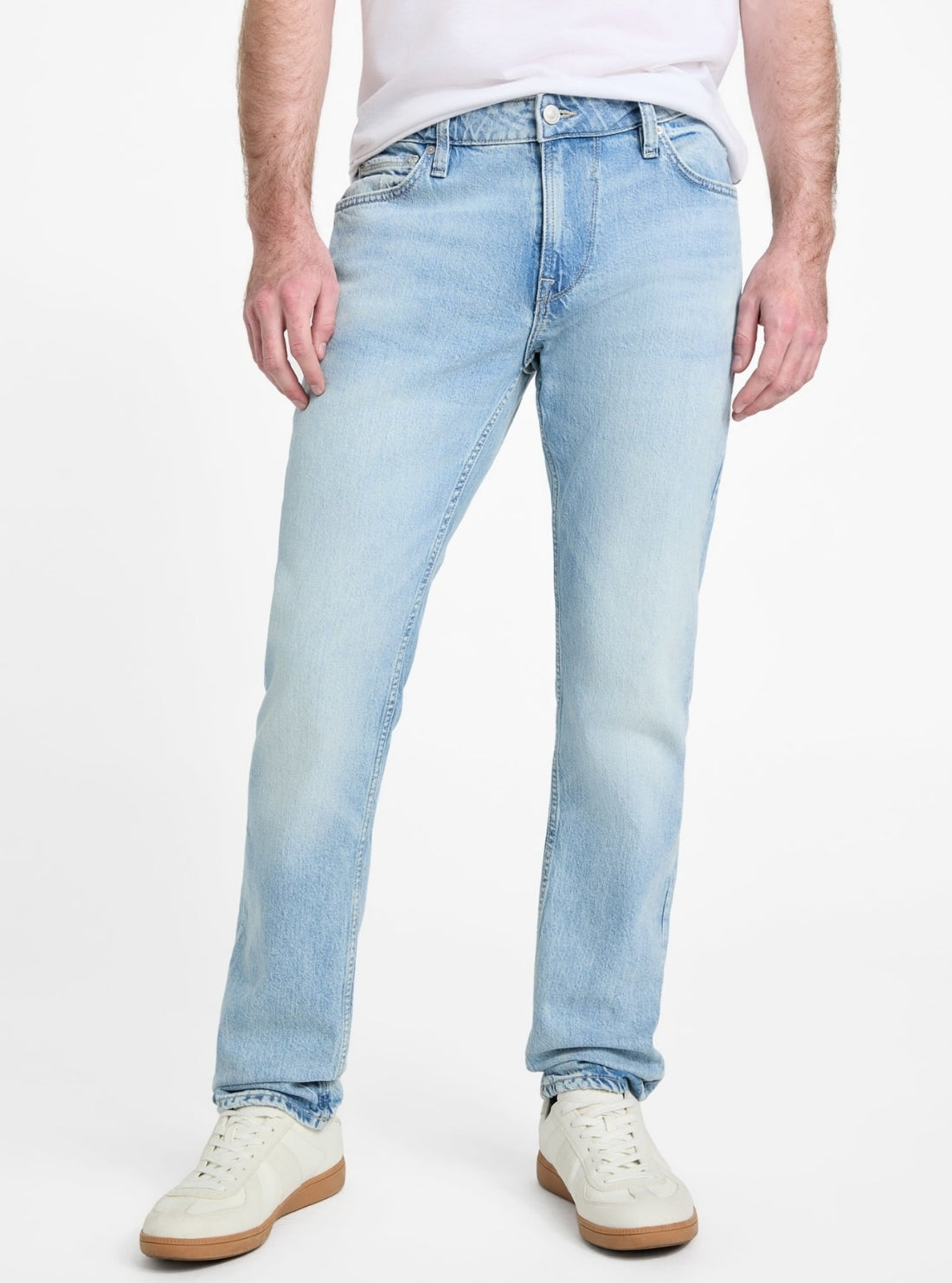 GUESS Mens Eco Mid Rise Regular Fit Finnley Tapered Jeans in Light Wash M5GAS2D4Z86 Front View