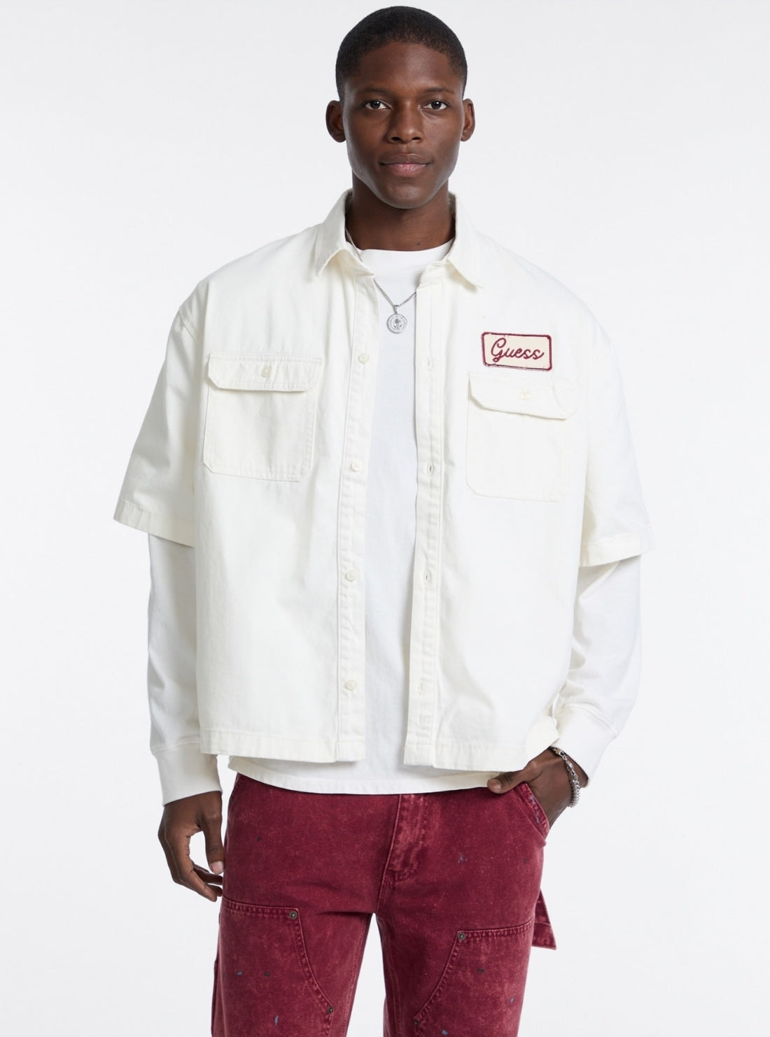 Guess Originals Beige Boxy Short Sleeve Shirt M5GH84WGCVA Front View