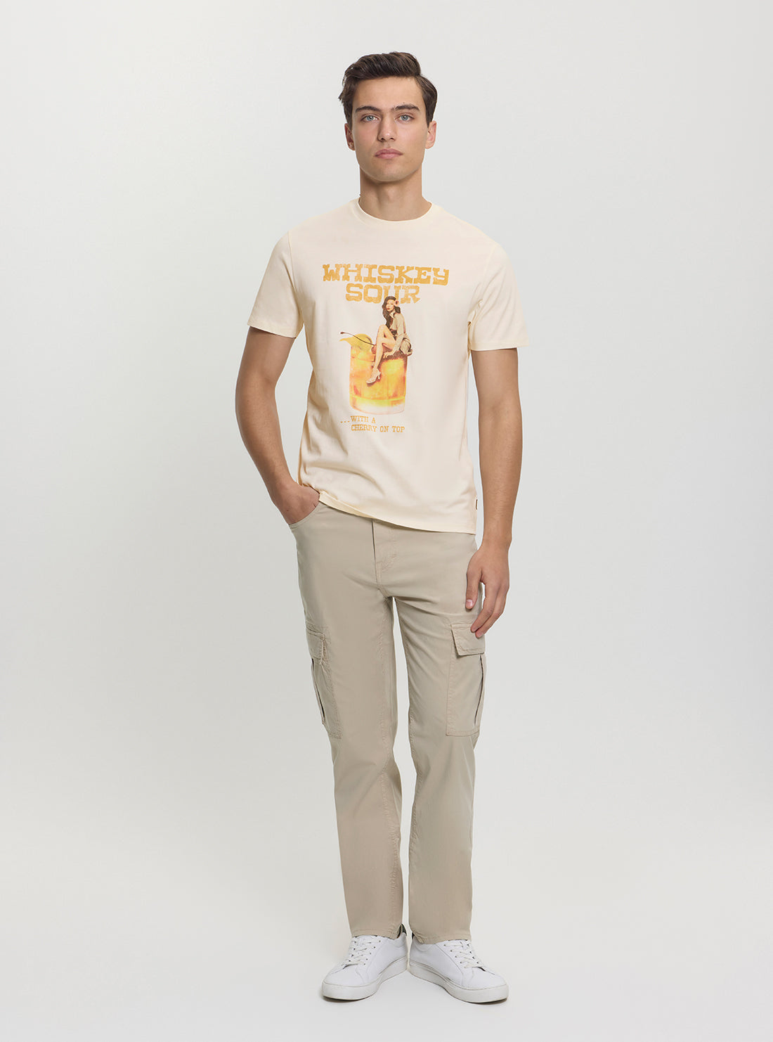 GUESS Mens Eco Beige Whiskey Sour Graphic T-Shirt M5GI01KBW41 Full View