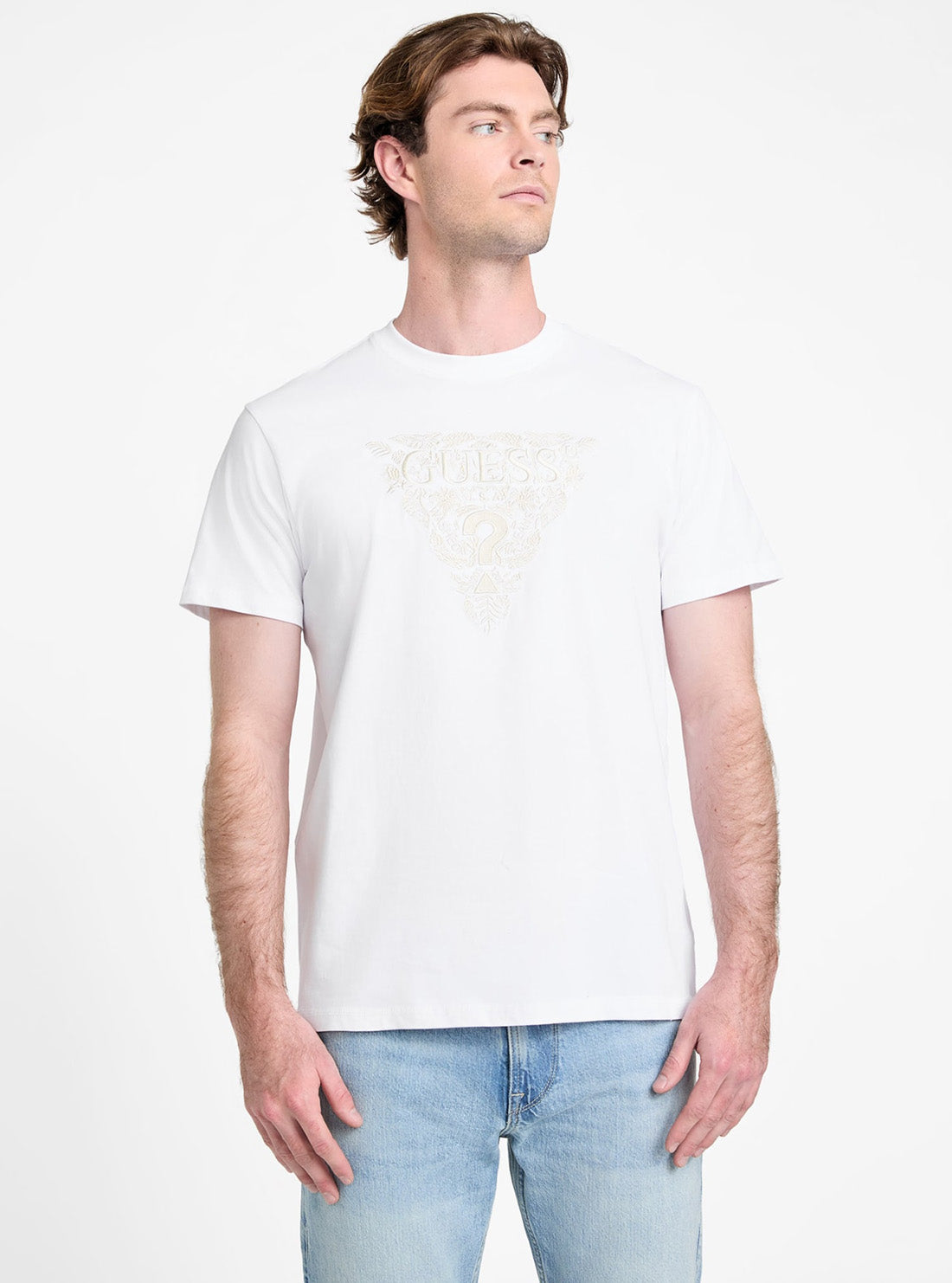 GUESS Mens White Flower Embroidered T-Shirt M5GI16K8FQ4 Front View_2