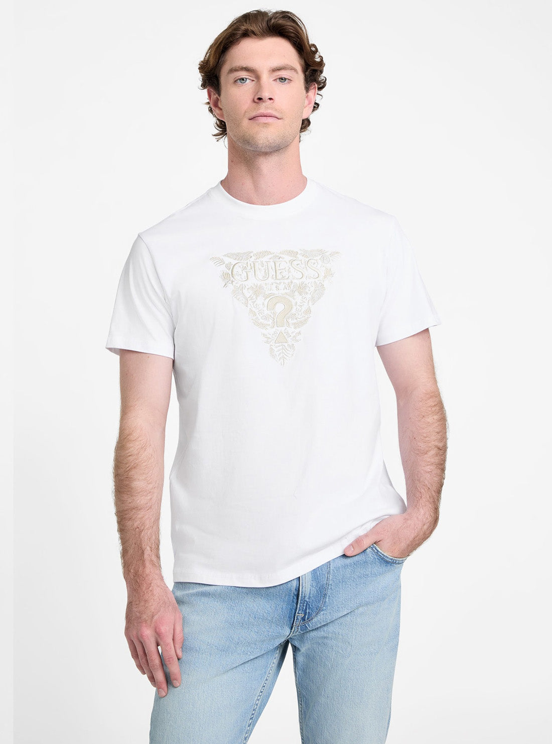 GUESS Mens White Flower Embroidered T-Shirt M5GI16K8FQ4 Front View
