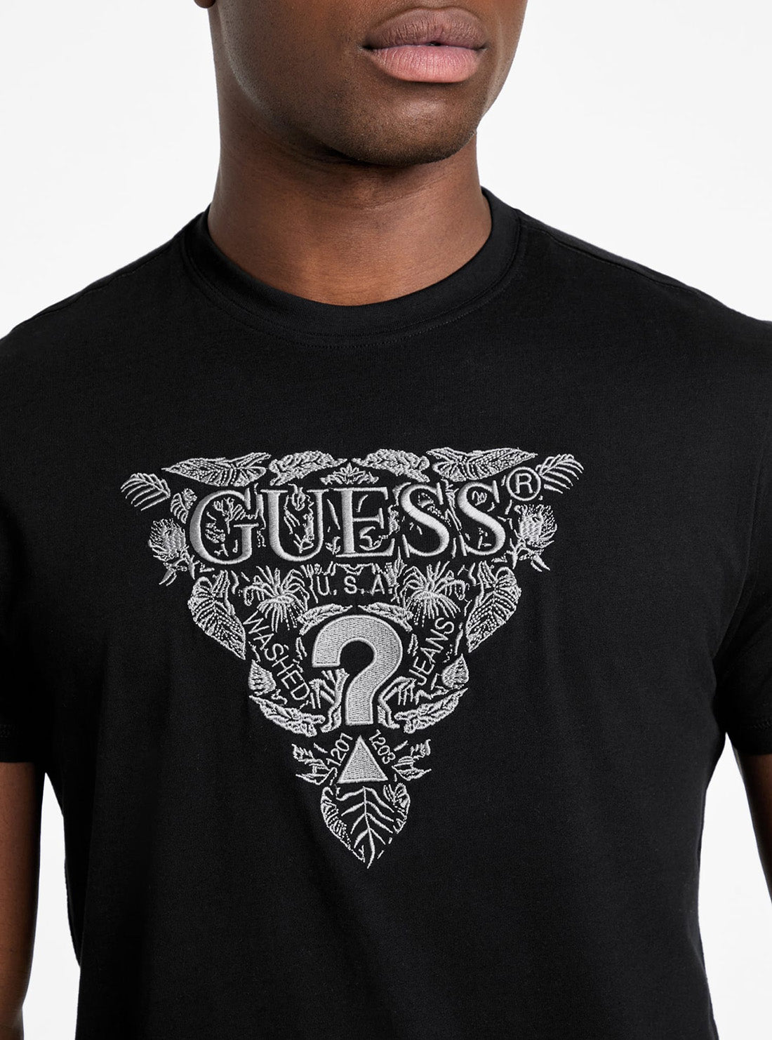 GUESS Mens Black Flower Embroidered T-Shirt M5GI16K8FQ4 Detail View