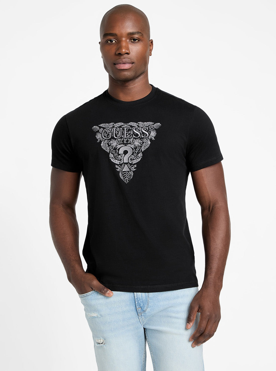 GUESS Mens Black Flower Embroidered T-Shirt M5GI16K8FQ4 Front View