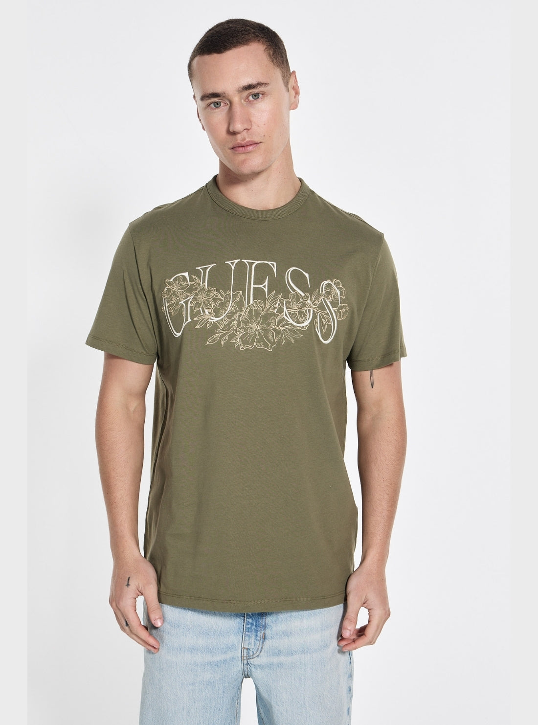 GUESS Mens Green Script Graphic T-Shirt M5GI17K8FQ4 Front View