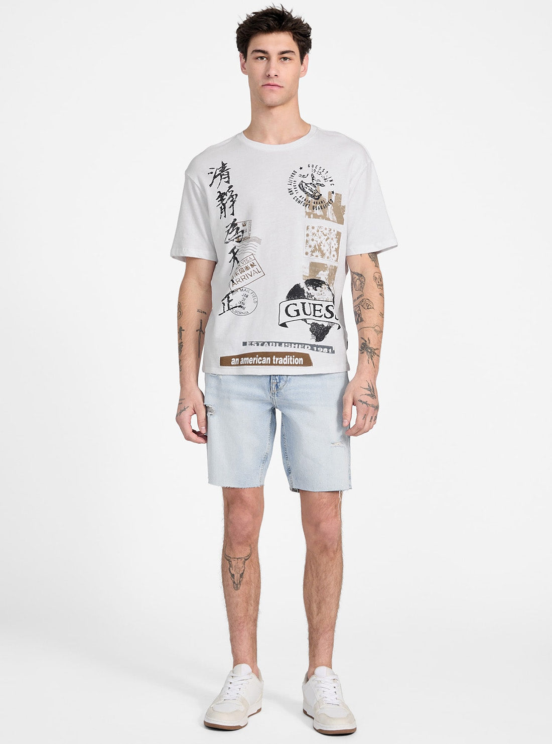 GUESS Mens White Basic Authentic Stamps T-Shirt M5GI26KCH21 Full View