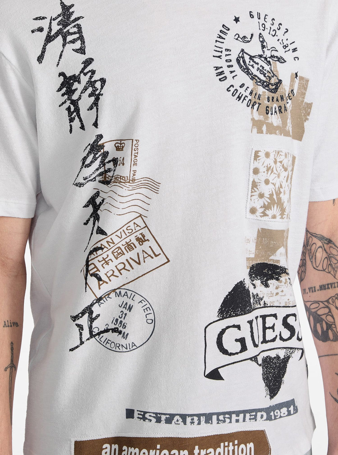 GUESS Mens White Basic Authentic Stamps T-Shirt M5GI26KCH21 Detail View