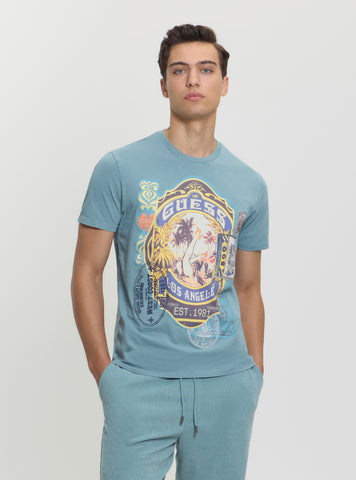 GUESS Mens Blue Multi World Stamp Basic T-Shirt M5GI38KBW41 Front View