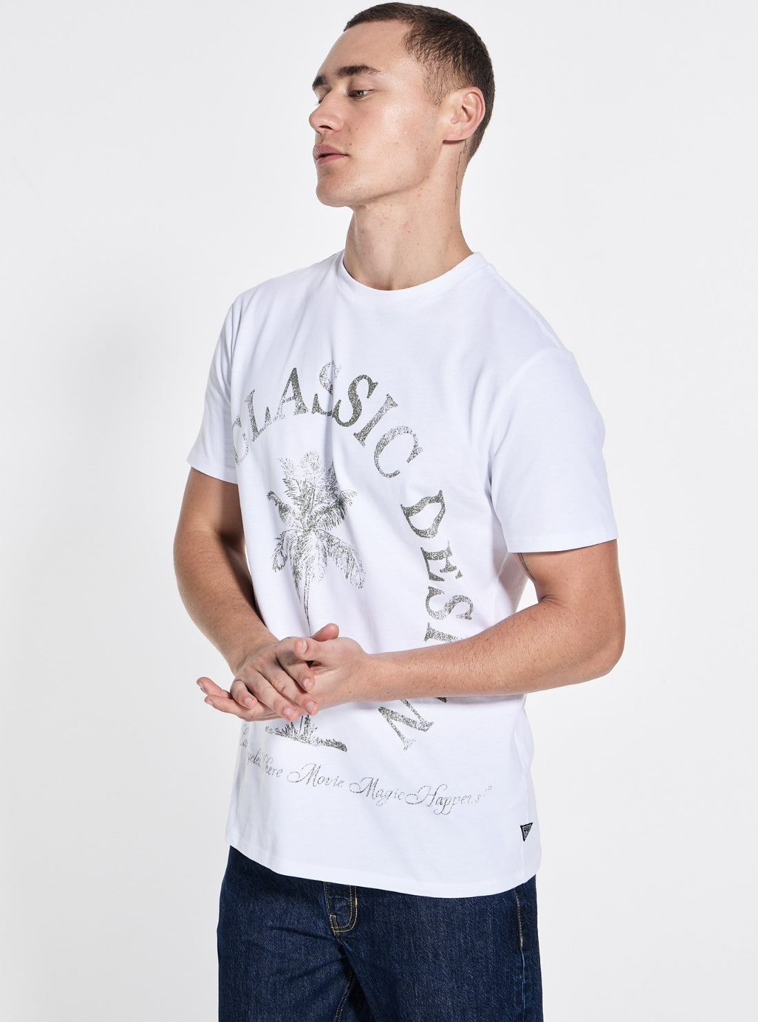 GUESS Mens White Basic Guess Classic Design T-Shirt Front Side View