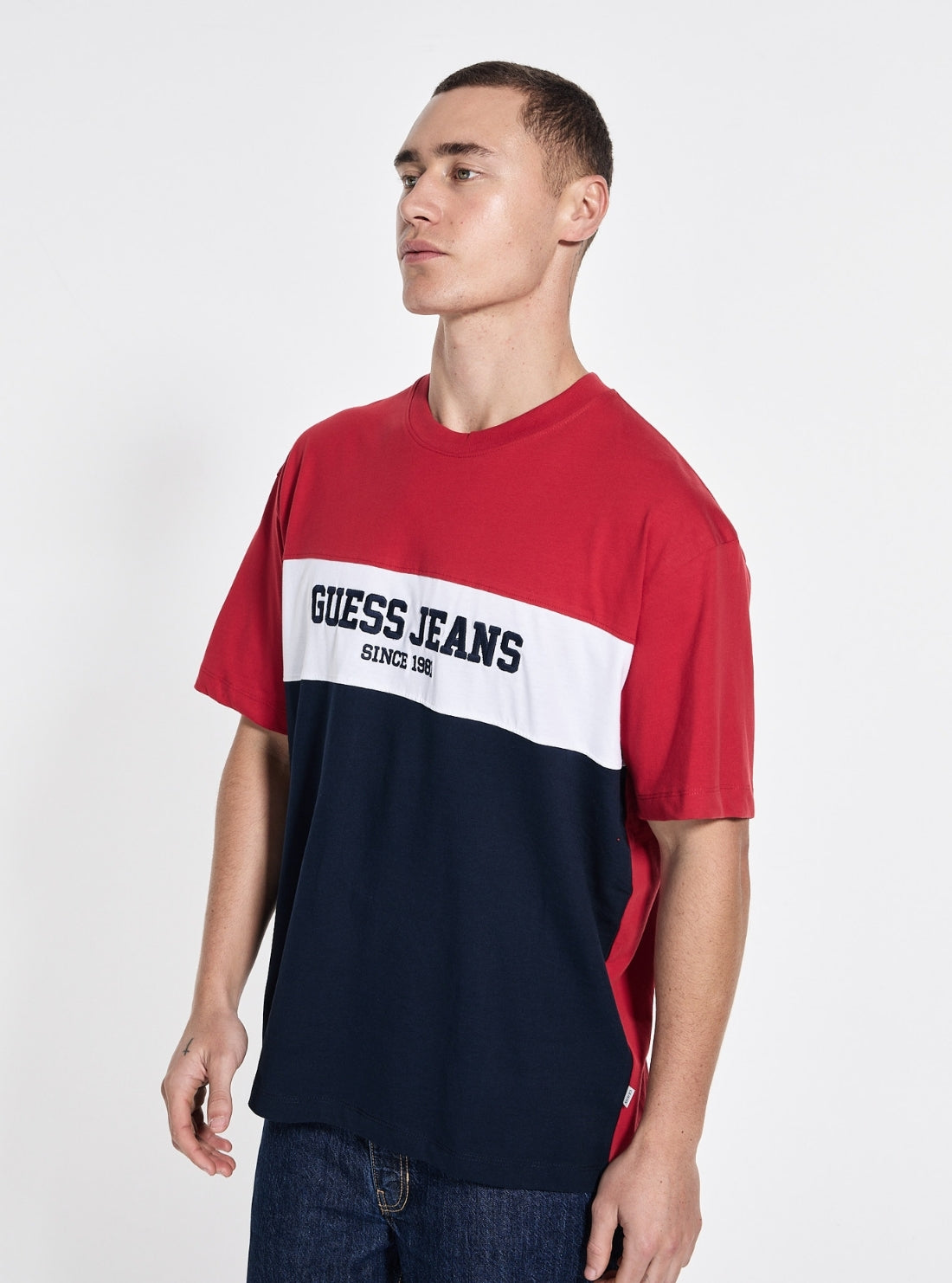 Guess Jeans Blue Oversized Horizontal Striped T-Shirt M5GI45K8FQ4 Front Detail View