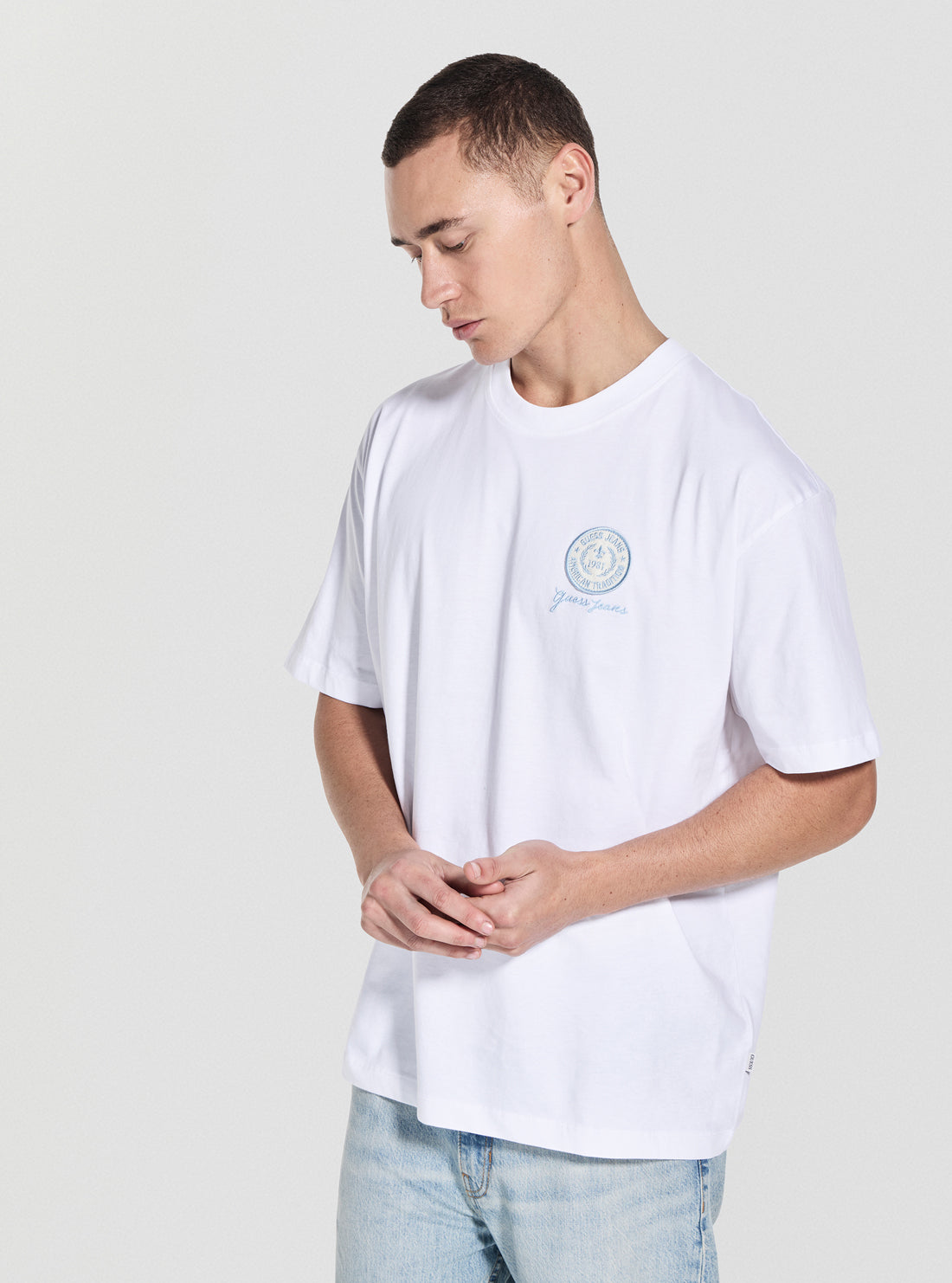 Guess Jeans White Oversized Embroidery Patch T-Shirt M5GI56K8FQ4 Front Side View