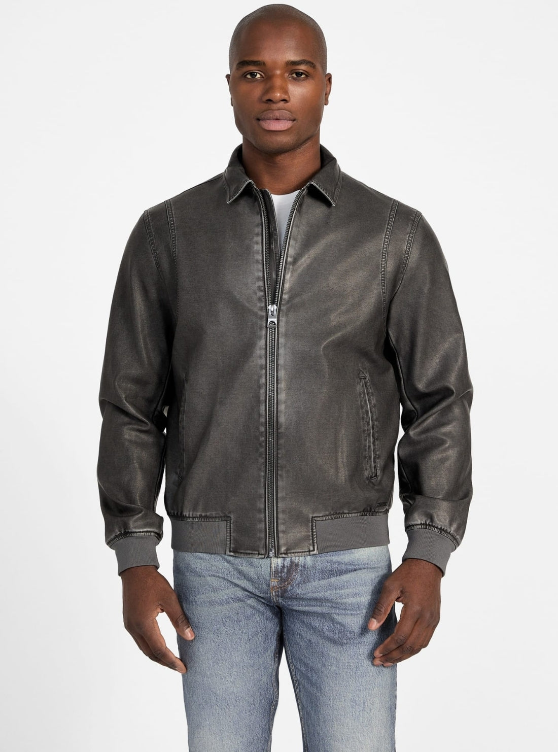 GUESS Mens Black Faux-Leather Aviator Bomber Jacket M5GL25WH730 Front View_2