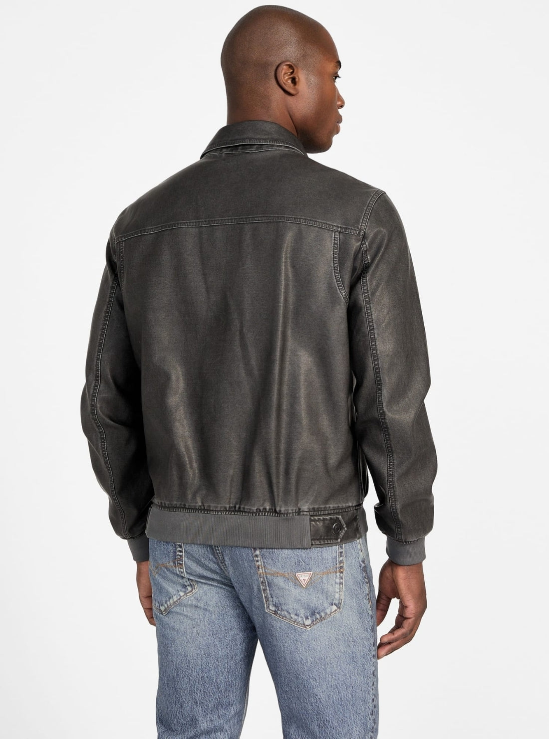 GUESS Mens Black Faux-Leather Aviator Bomber Jacket M5GL25WH730 Back View