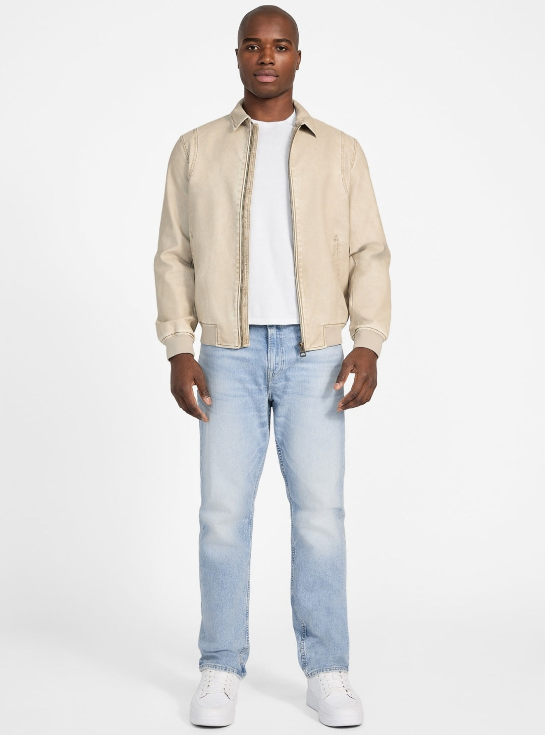 GUESS Mens Beige Faux-Leather Aviator Bomber Jacket M5GL25WH730 Full View