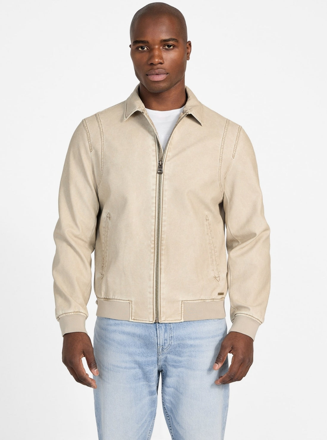 GUESS Mens Beige Faux-Leather Aviator Bomber Jacket M5GL25WH730 Front View_2