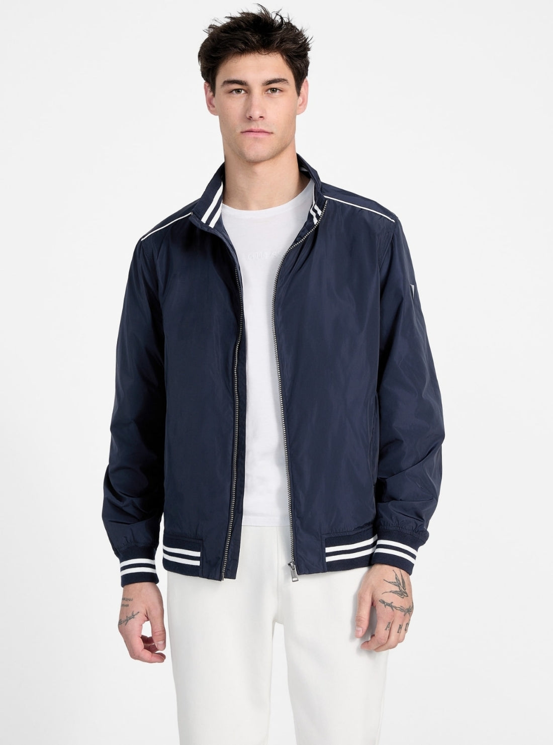 GUESS Mens Eco Blue Urban Satin Bomber Jacket M5GL28WH762 Front View_2