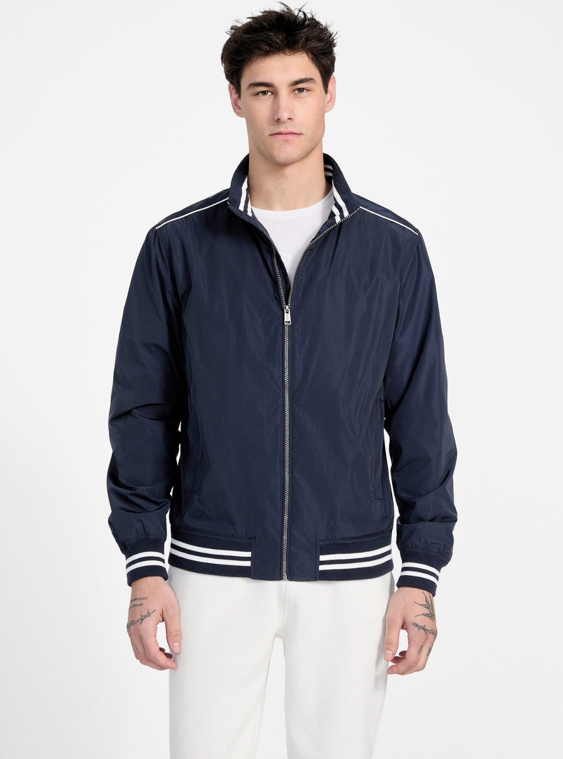 GUESS Mens Eco Blue Urban Satin Bomber Jacket M5GL28WH762 Front View