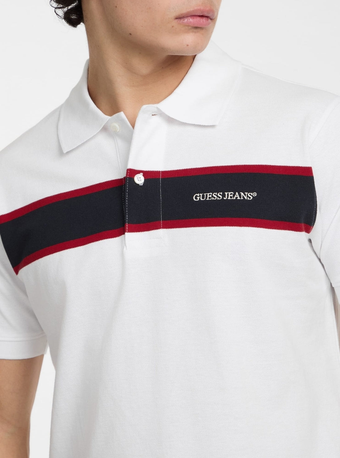 Guess Jeans White Striped Embroidered Polo Shirt M5GP29KCJV1 Detail View