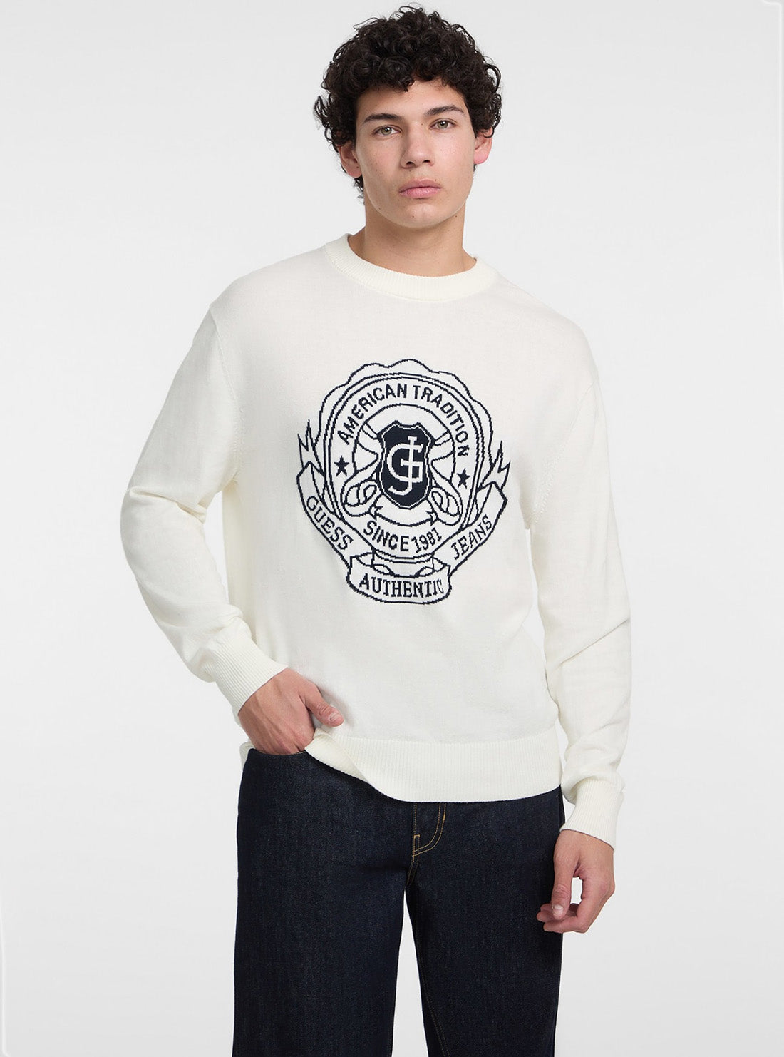 Eco White Jacquard Graphic Sweater | GUESS Jeans