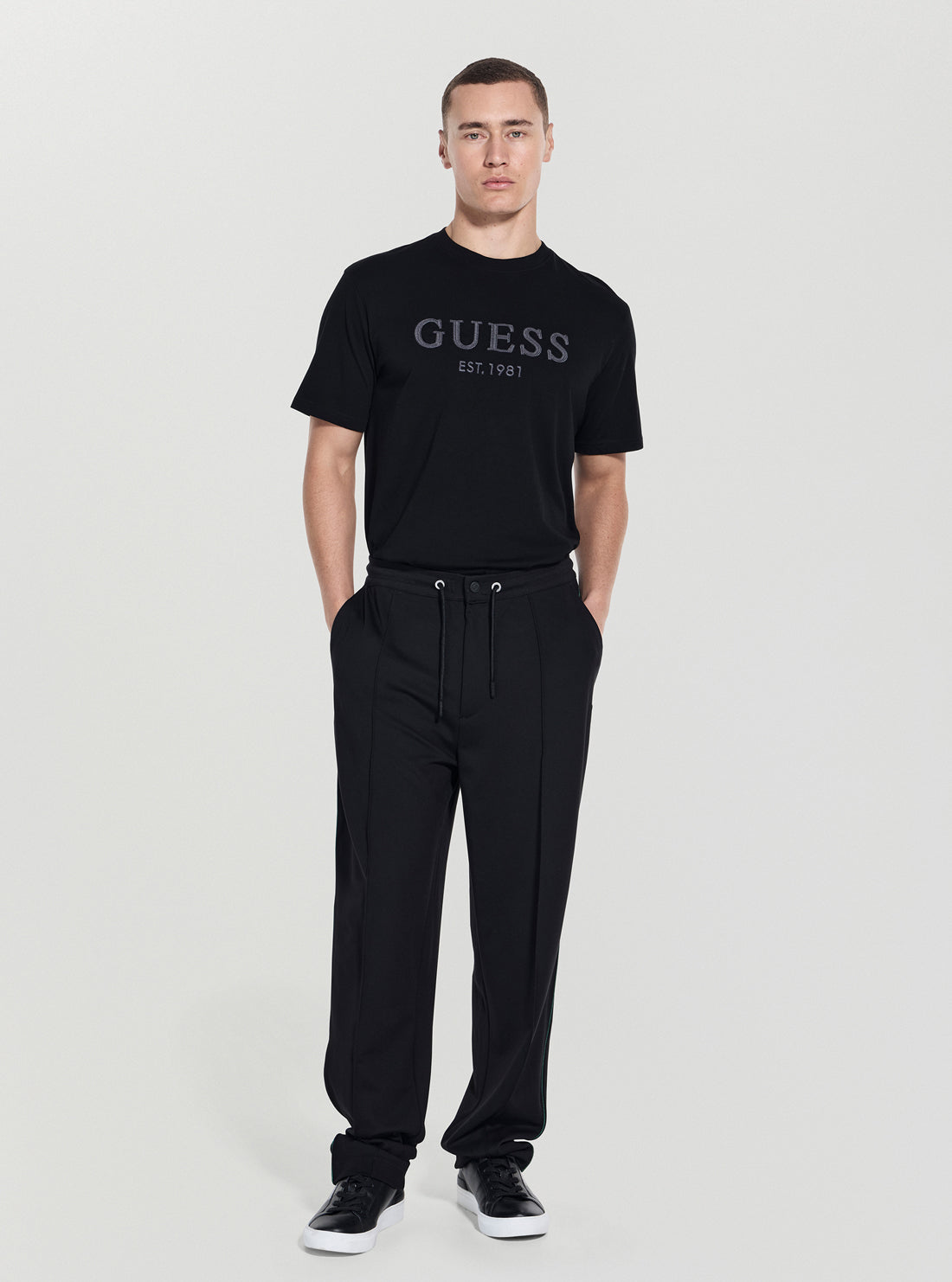 GUESS Mens Eco Black Interlock Pants M5YB18KCBR2 Front View