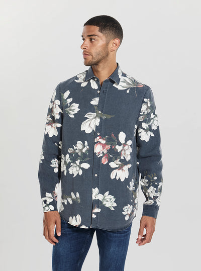 GUESS Mens Navy Floral Print Cotton Shirt M5YH40WH7Y2 Front View