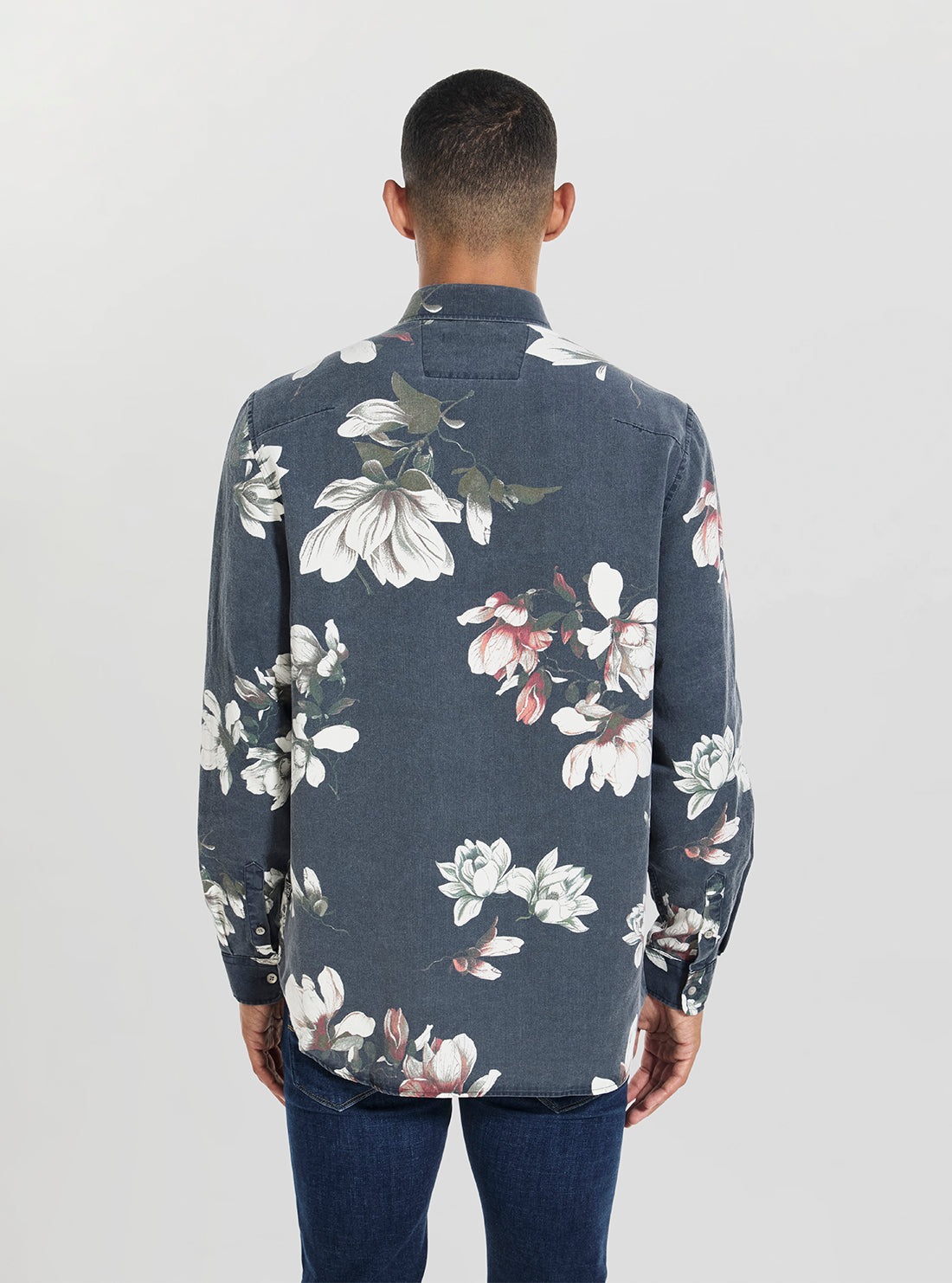 GUESS Mens Navy Floral Print Cotton Shirt M5YH40WH7Y2 Back View