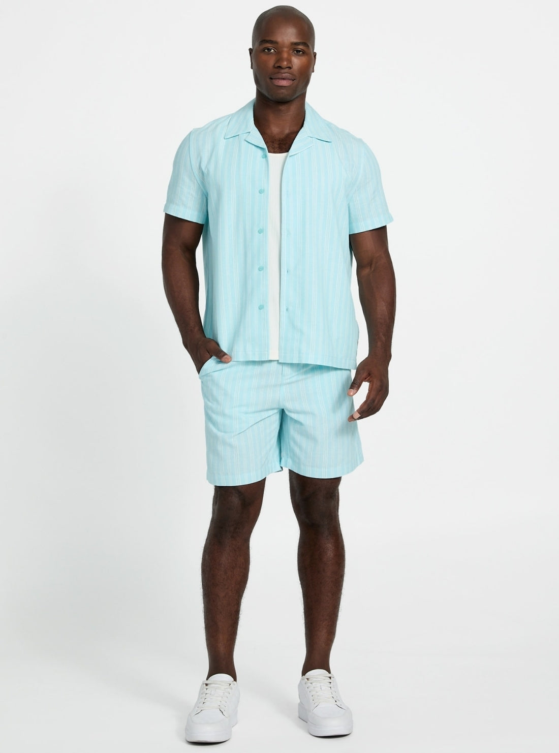GUESS Mens Dazzle Aqua Fletcher Linen Shirt M5YH81WHBY0 Full View