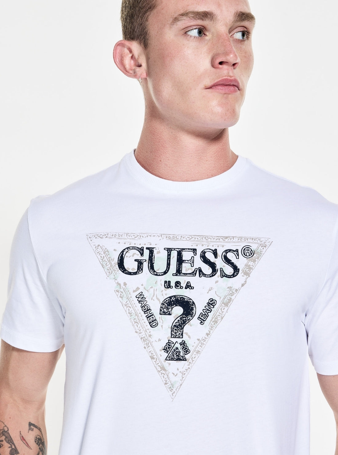 GUESS Mens White Guess Triangle T-Shirt M5YI15I3Z14 Detail View