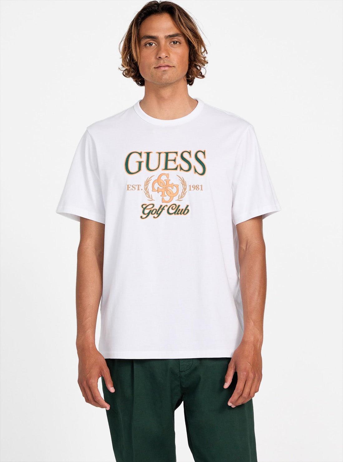 GUESS Mens White Guess 4G T-Shirt M5YI22K8FQ4 Front View