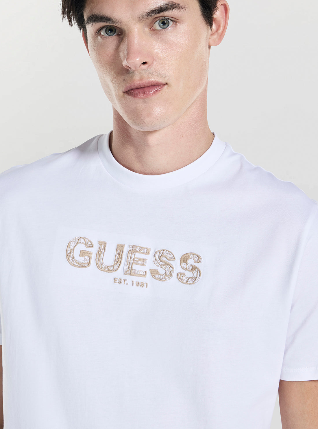GUESS Mens White Basic Guess Embroidery Logo T-Shirt M5YI41KBW41  Detail View
