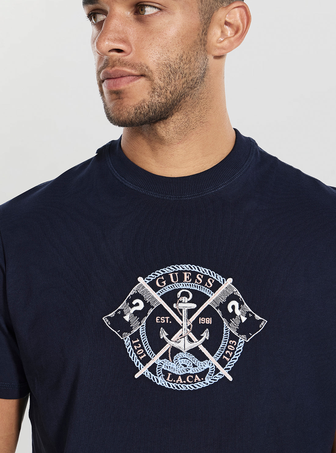 GUESS Mens Blue Marina Embroidery T-Shirt M5YI62K8FQ4 Detail View