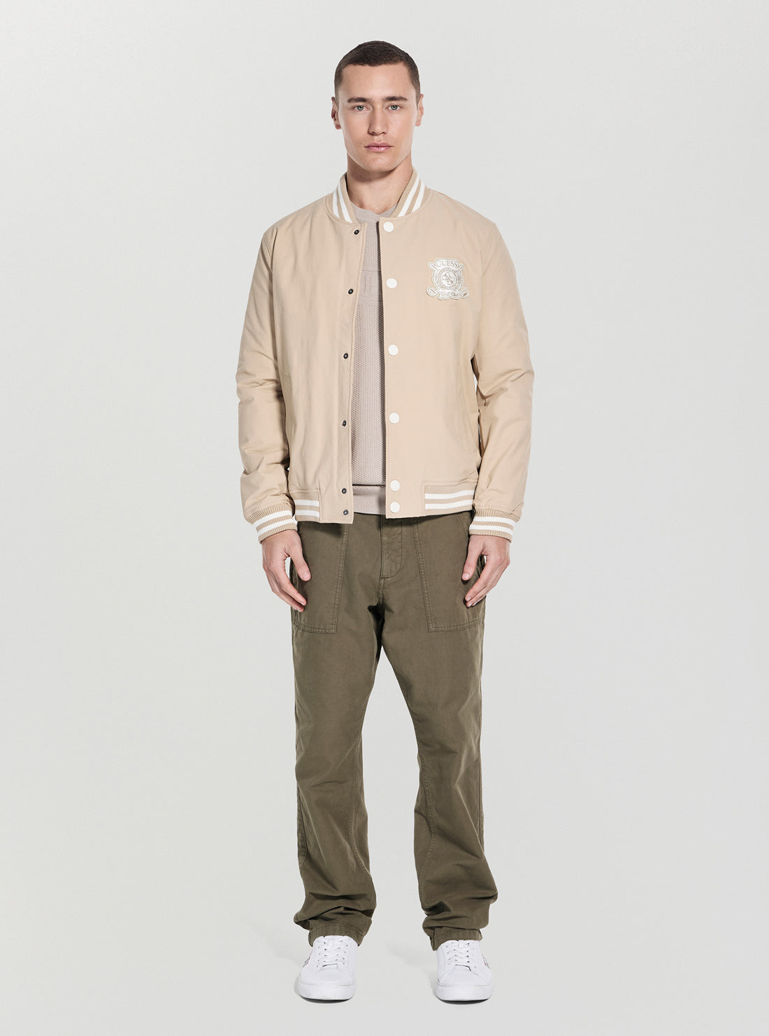 GUESS Mens Beige Emblem Bomber Jacket M5YL18WHEY0 Full View