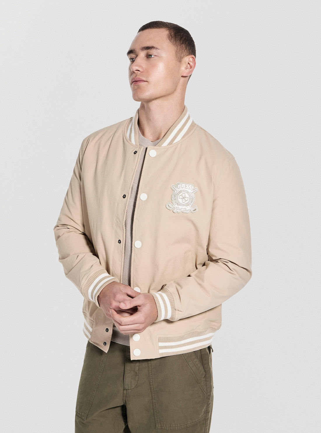GUESS Mens Beige Emblem Bomber Jacket M5YL18WHEY0 Front View