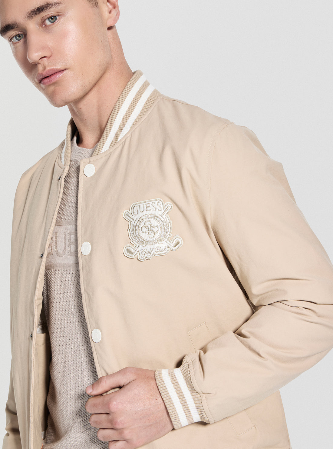 GUESS Mens Beige Emblem Bomber Jacket M5YL18WHEY0 Detail View
