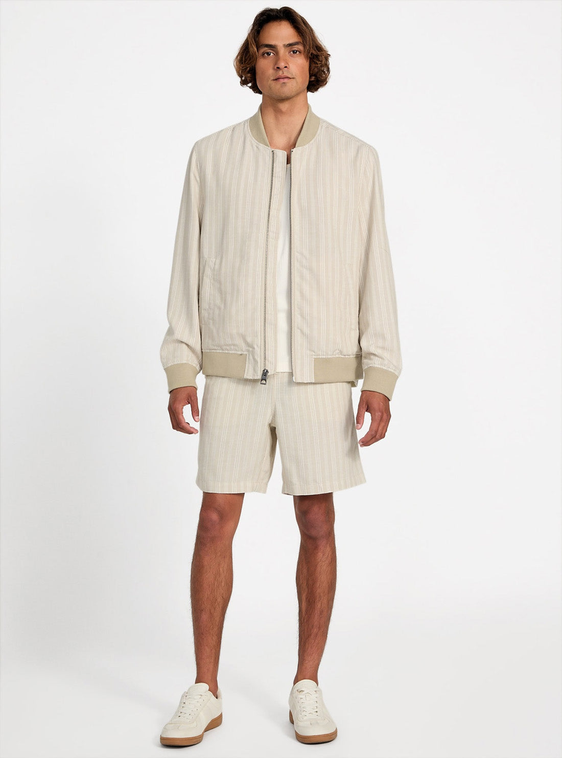 GUESS Mens Eco Beige Fletcher Linen Striped Bomber Jacket M5YL21WHBY0 Full View