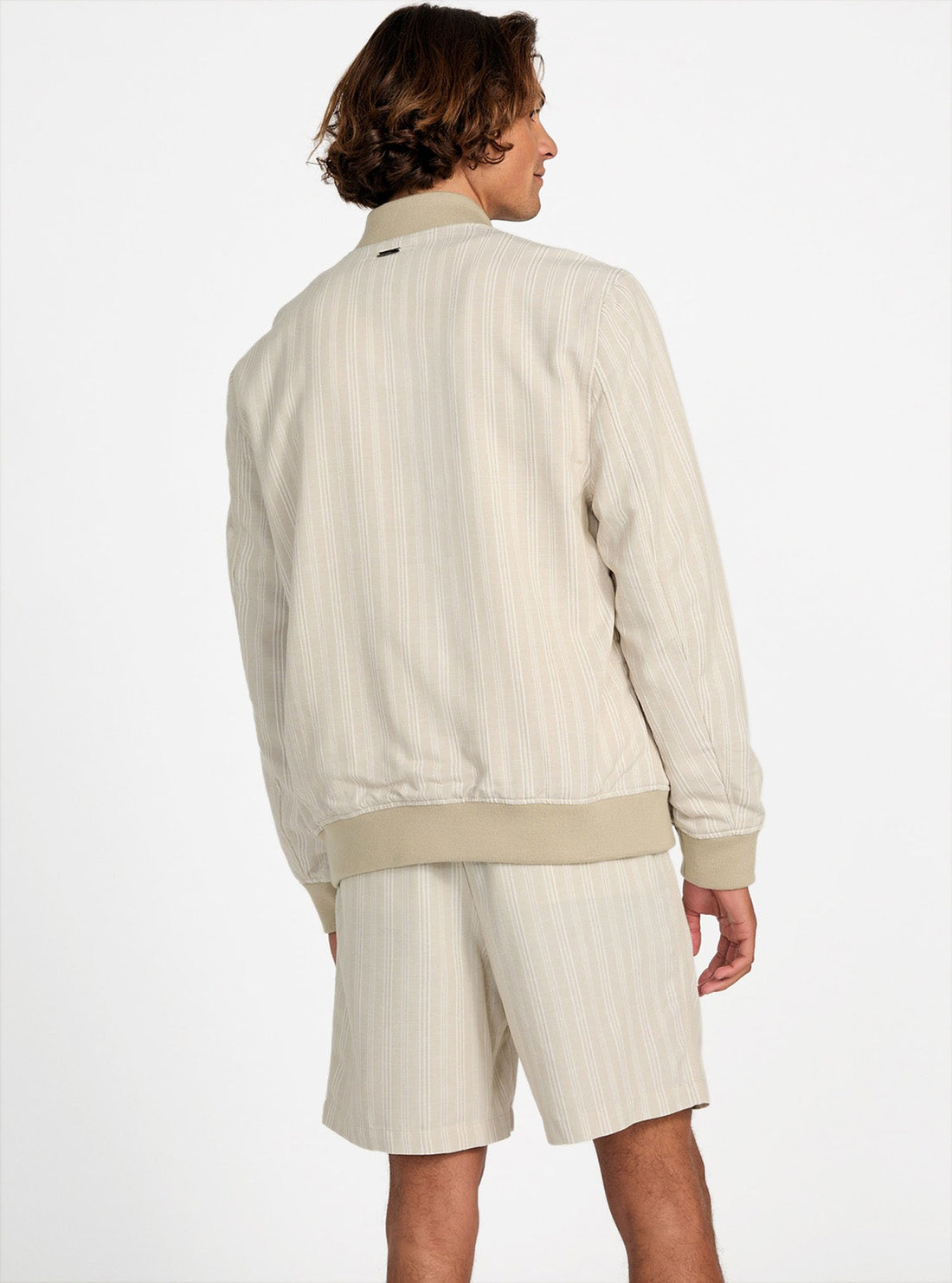 GUESS Mens Eco Beige Fletcher Linen Striped Bomber Jacket M5YL21WHBY0 Back View
