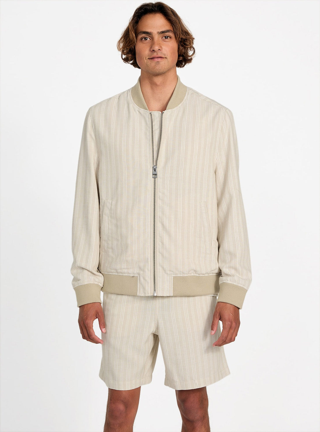 GUESS Mens Eco Beige Fletcher Linen Striped Bomber Jacket M5YL21WHBY0 Front View