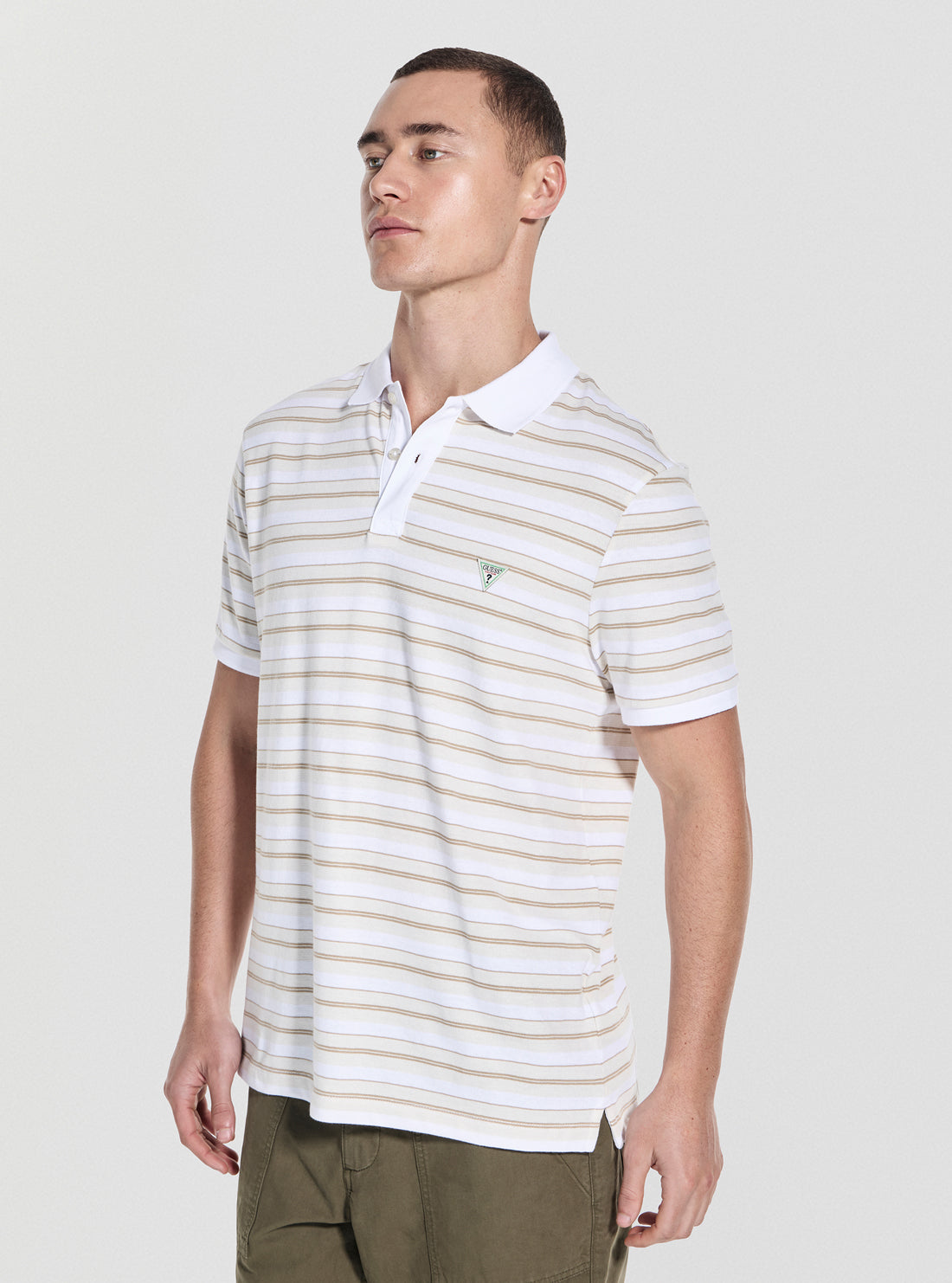 GUESS Mens Beige Yarn Dye Striped Polo Shirt M5YP04KCY11 Front Side View