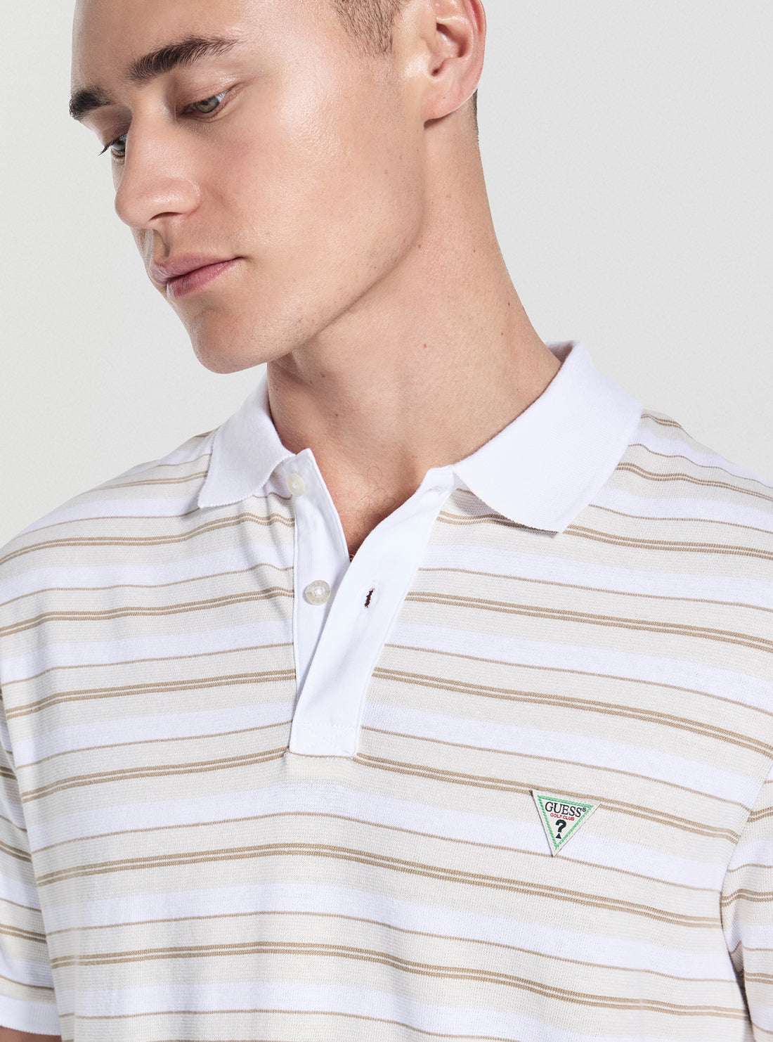 GUESS Mens Beige Yarn Dye Striped Polo Shirt M5YP04KCY11 Detail view