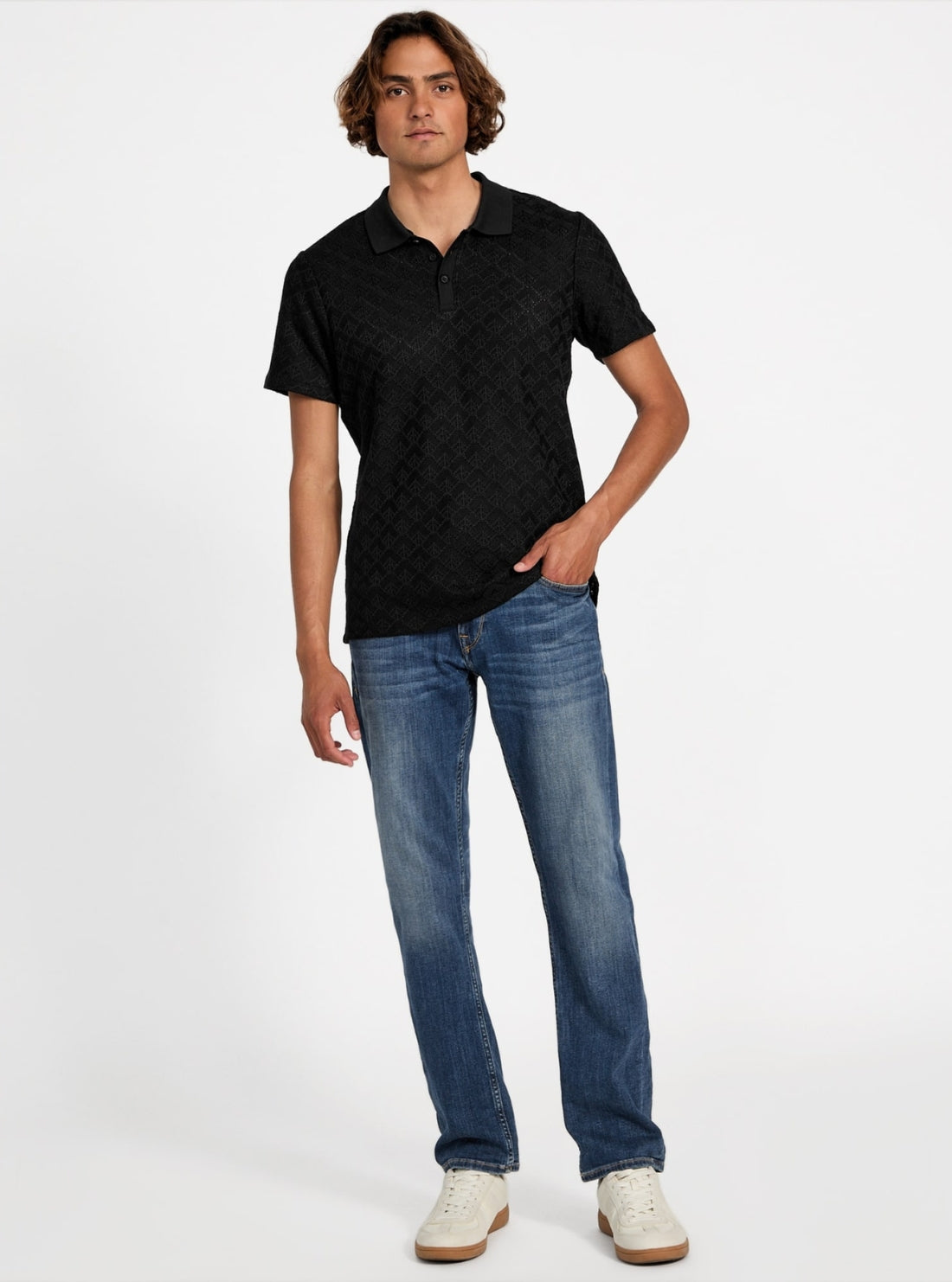 GUESS Mens Black Logan Knitted Polo Shirts M5YP14KCWT0 Full View