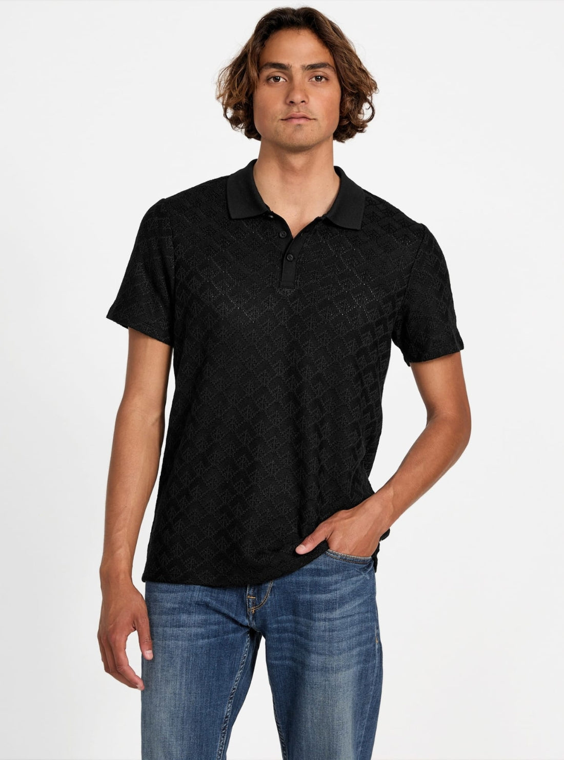 GUESS Mens Black Logan Knitted Polo Shirts M5YP14KCWT0 Front View