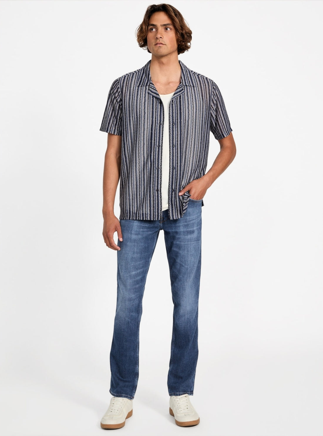 GUESS Mens Blue Wyatt Stripe Resort Shirt M5YP15KCWV0 Full View