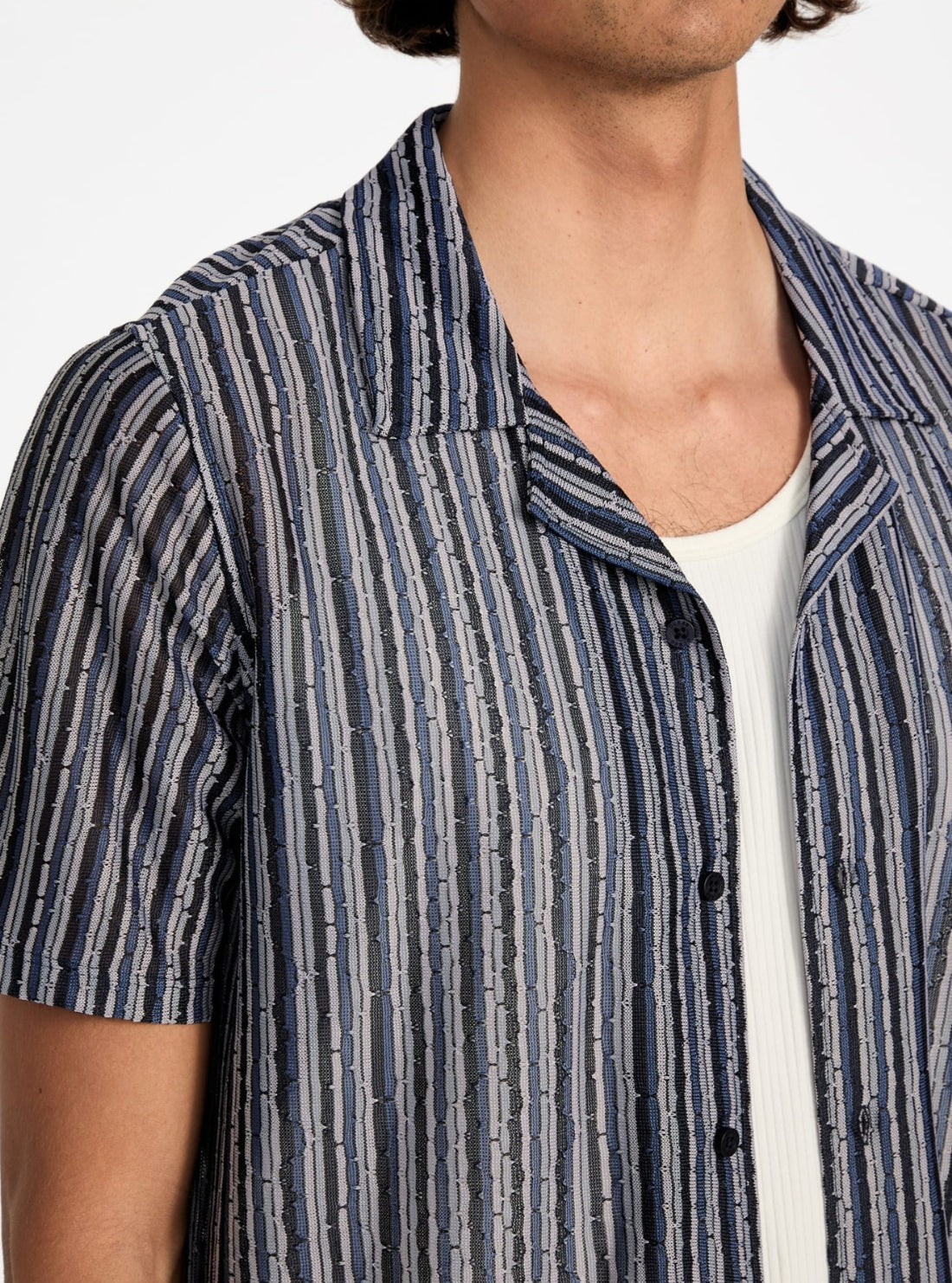 GUESS Mens Blue Wyatt Stripe Resort Shirt M5YP15KCWV0 Front Detail View