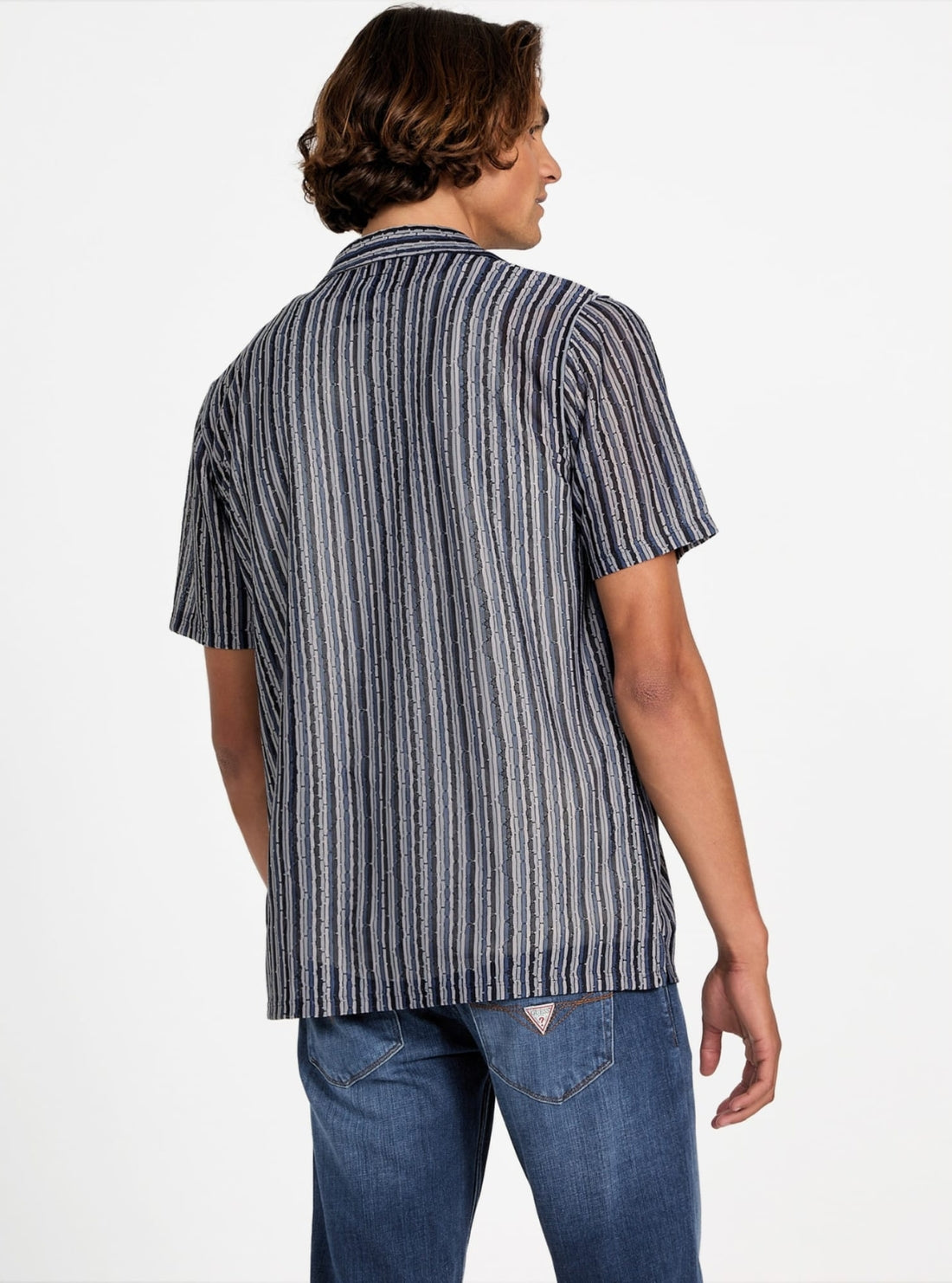 GUESS Mens Blue Wyatt Stripe Resort Shirt M5YP15KCWV0 Back View