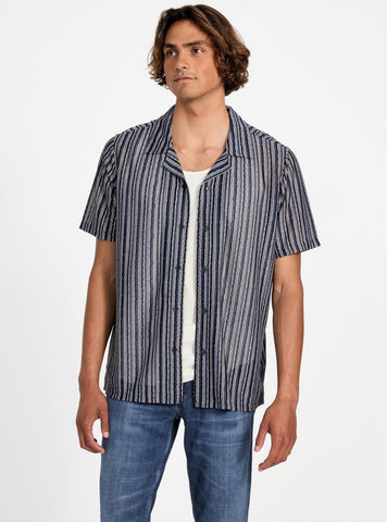 GUESS Mens Blue Wyatt Stripe Resort Shirt M5YP15KCWV0 Front View