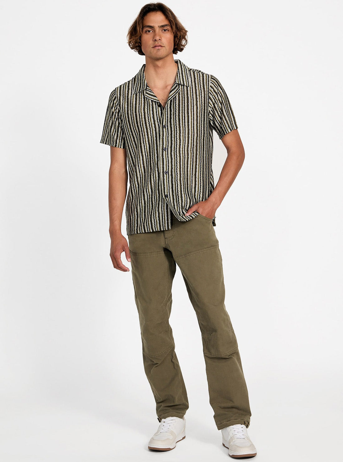 GUESS Mens Green Wyatt Stripe Resort Shirt M5YP15KCWV0 Full View