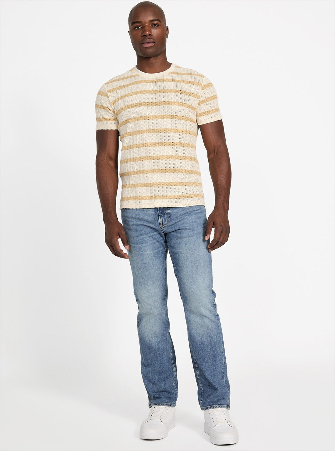 GUESS Mens Beige Elon Textured Striped T-Shirt M5YP21KCRG0 Full View