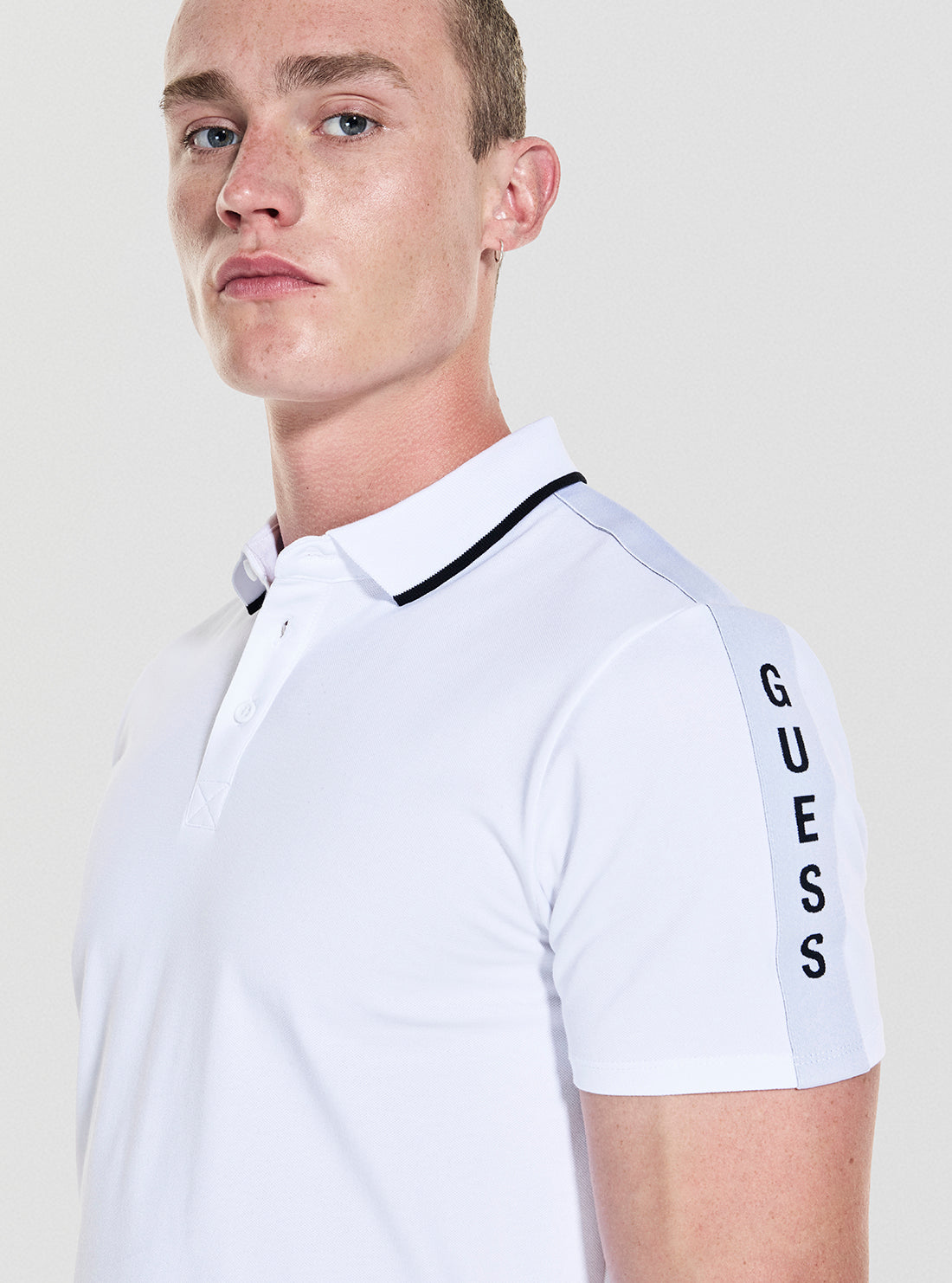 GUESS Mens White Paul Pique Tape Polo Shirt M5YP42KARS2 Detail View