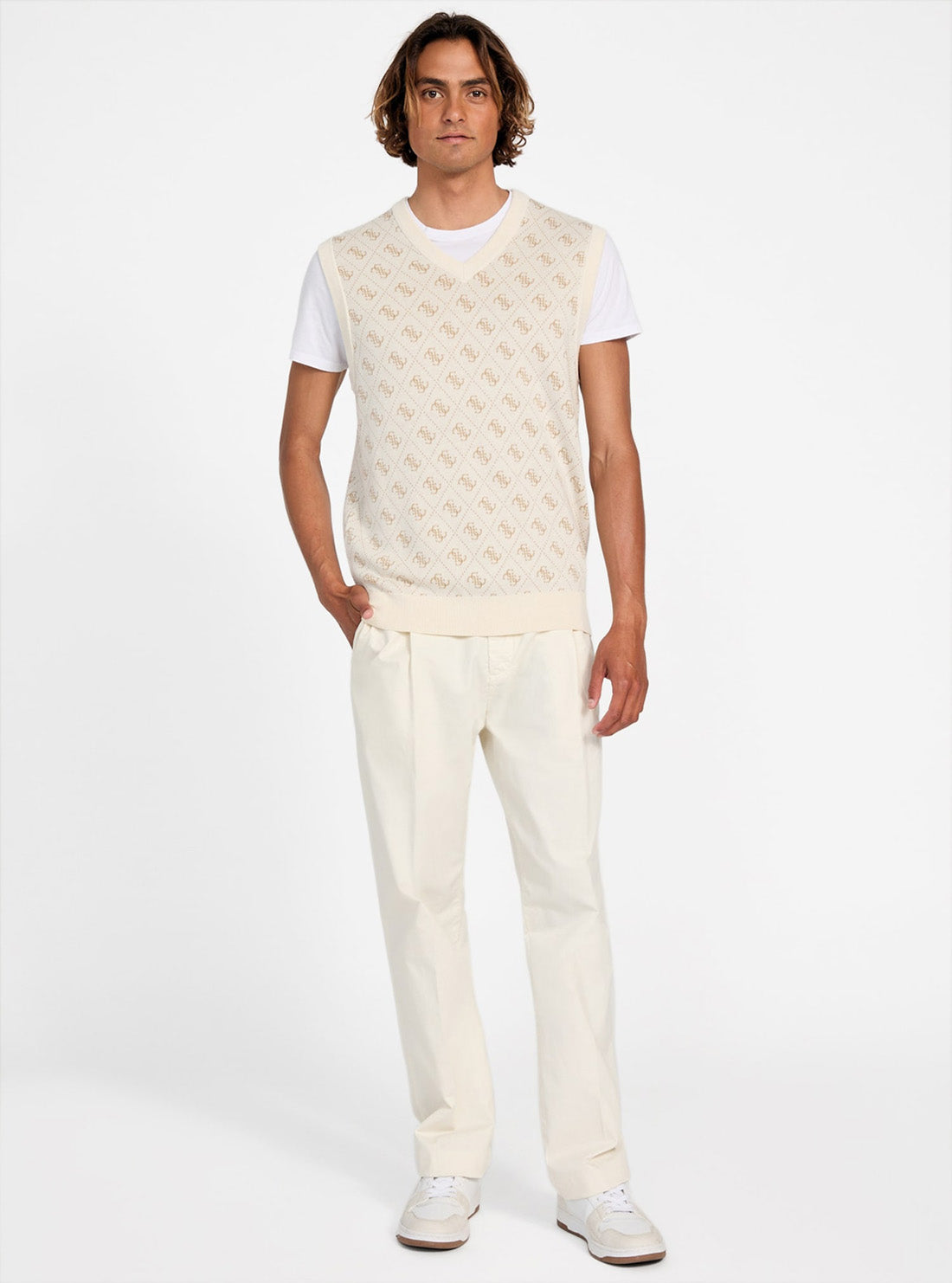 GUESS Mens Beige Horace 4G Logo Jacquard Vest M5YR09Z3OE2 Full View