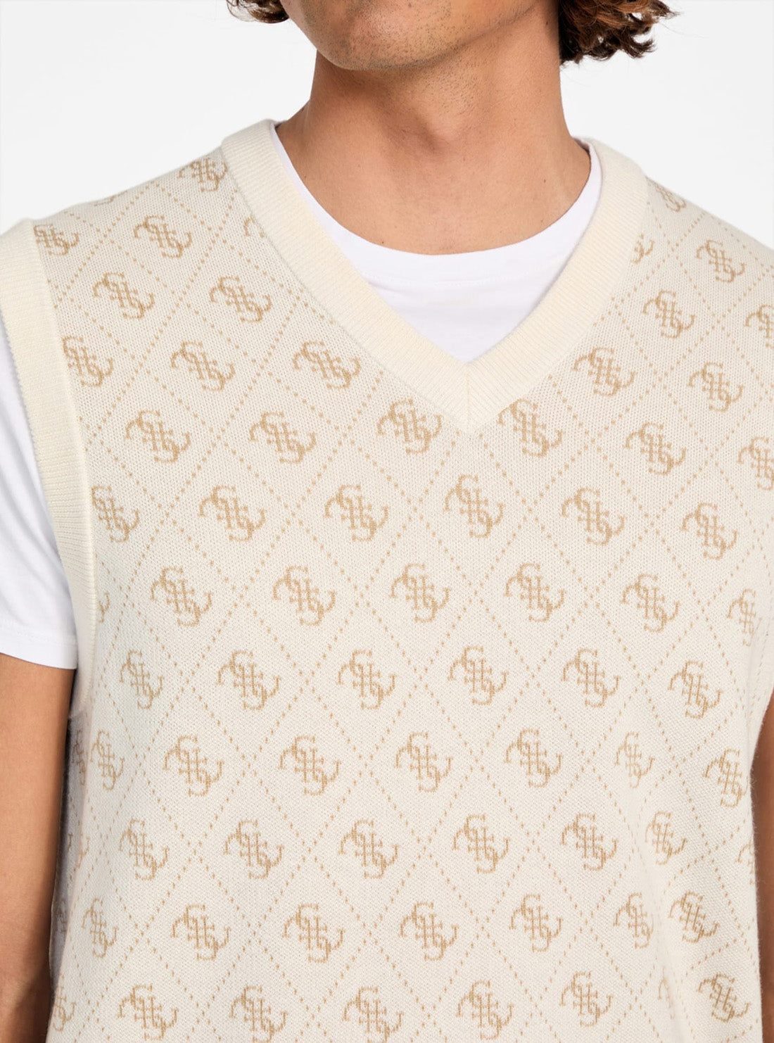 GUESS Mens Beige Horace 4G Logo Jacquard Vest M5YR09Z3OE2 Detail View