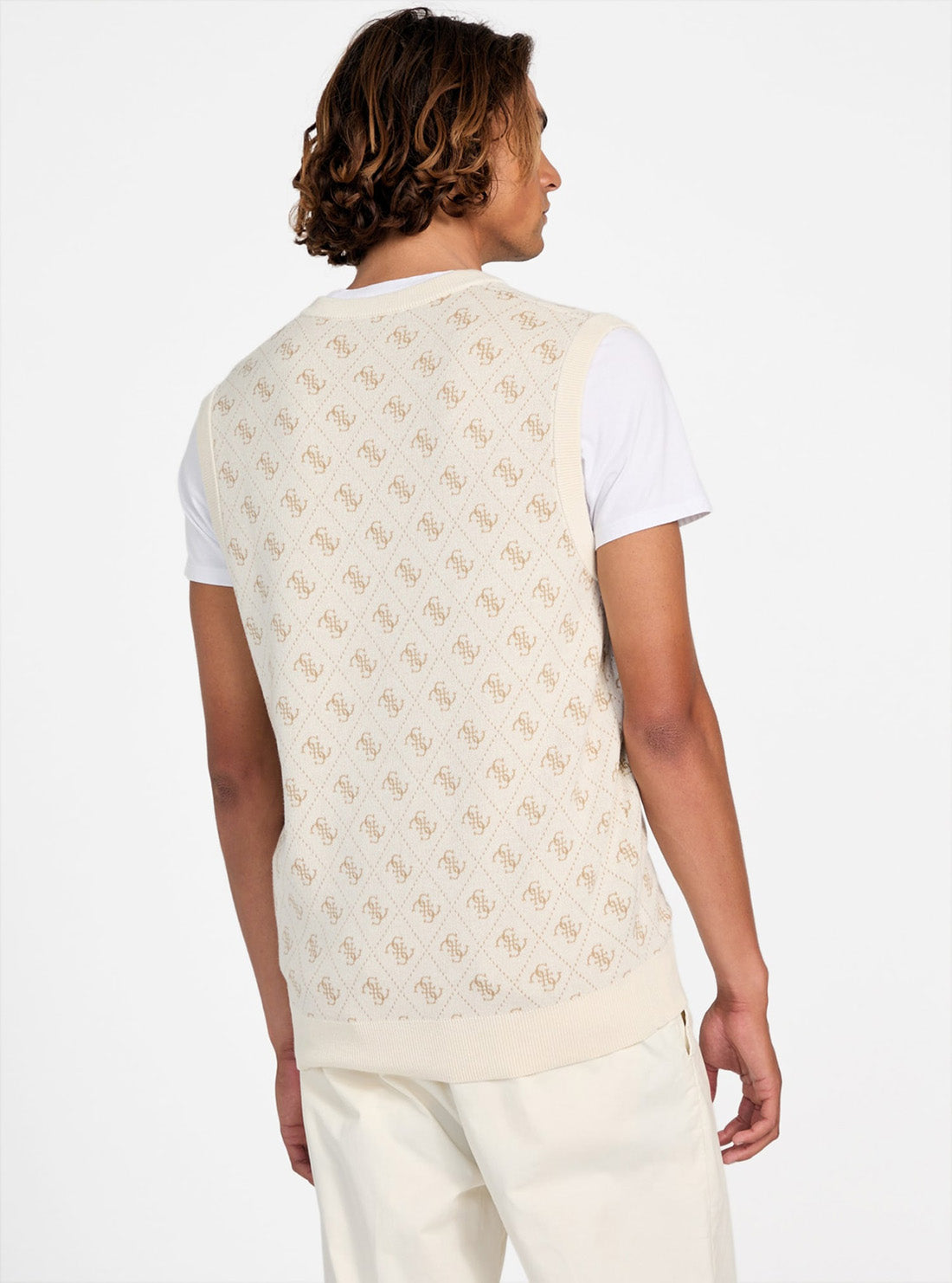 GUESS Mens Beige Horace 4G Logo Jacquard Vest M5YR09Z3OE2 Back View